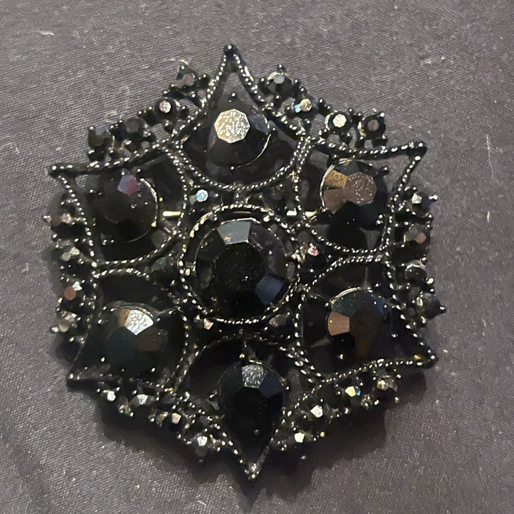 Vintage Ornate Black Rhinestone Brooch